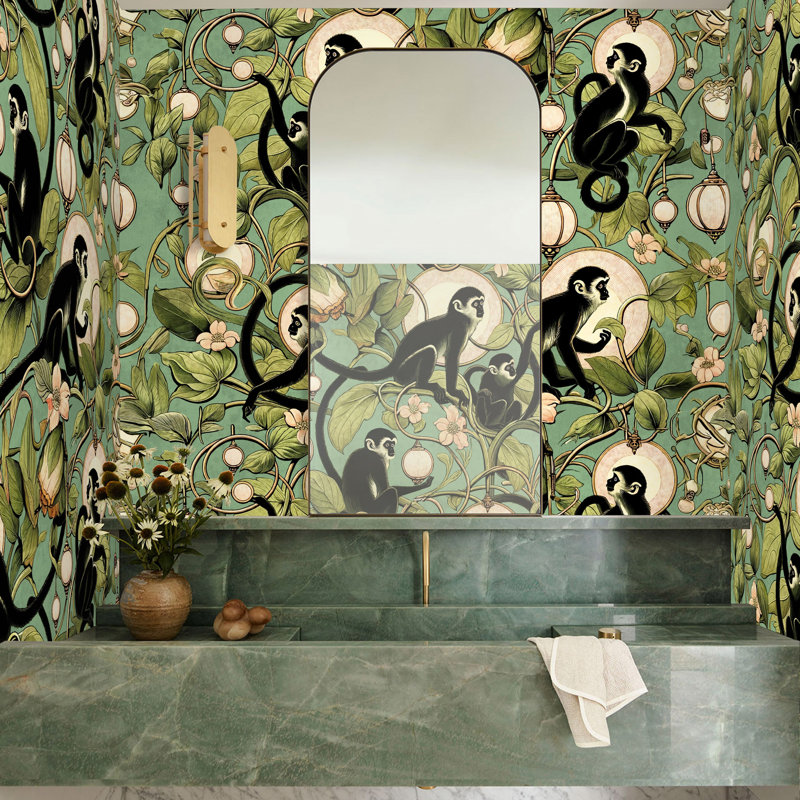 Whimsical Jungle Monkey Wallpaper in Pink, Green