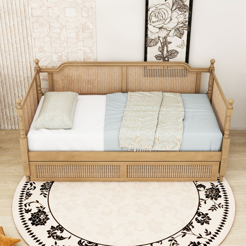 Lit de jour en bois avec 2 tiroirs et lattes, Lit simple, Noyer antique