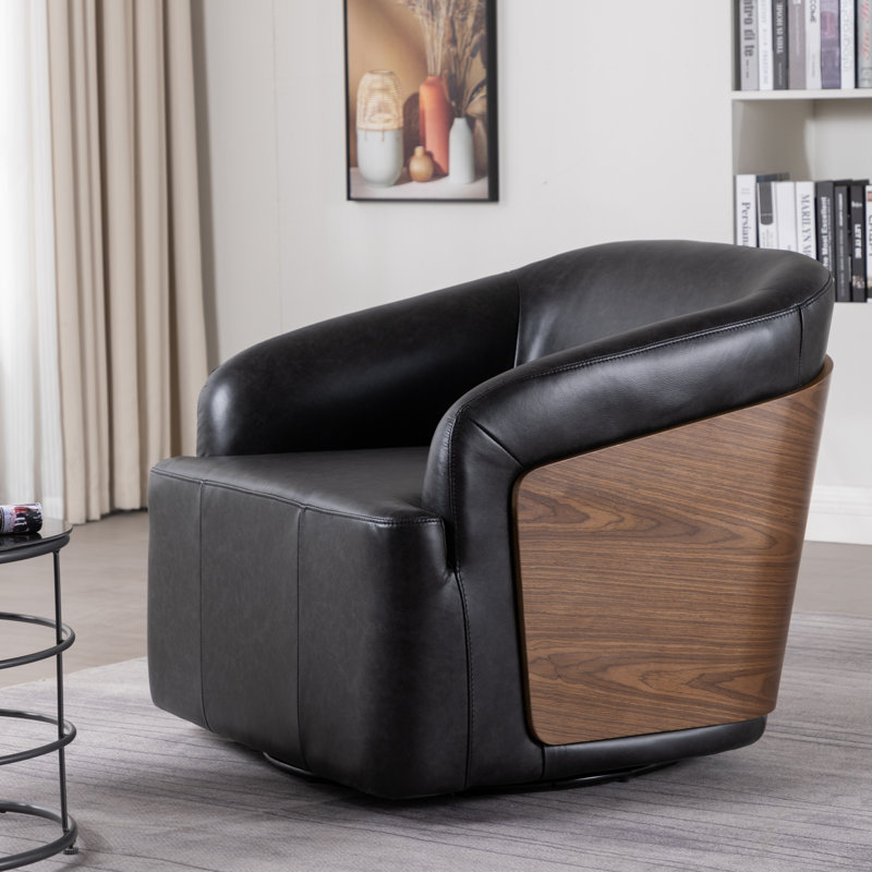 Fauteuil demi-tonneau pivotant en cuir véritable, Noir rétro