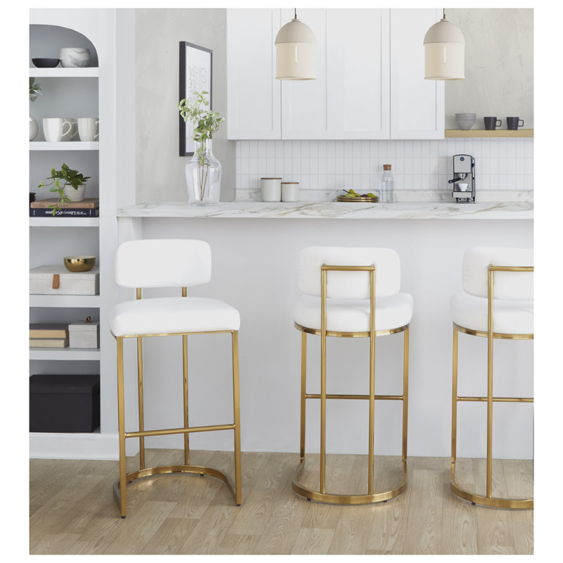 Tabouret de bar à hauteur fixe en métal doré et similicuir blanc - ensemble de 2
