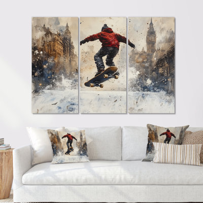 Black Skateboard Street Accents With Red - ensemble d'art mural de planche à roulettes