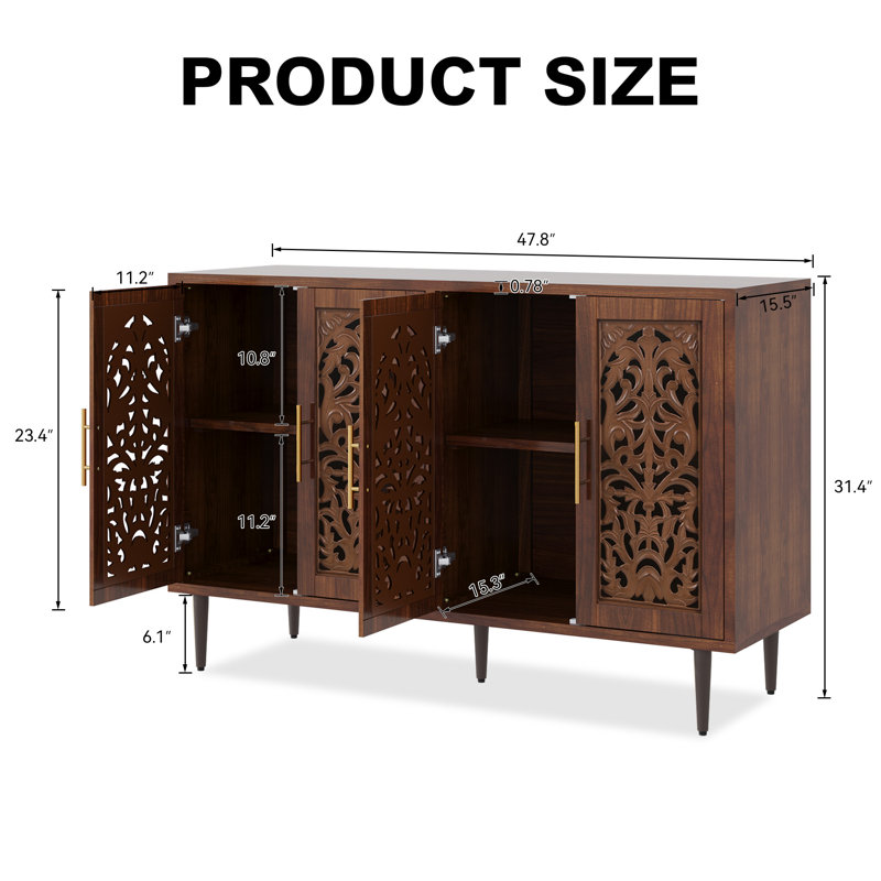 Jazarian 48" Hollow Carved Sideboard Buffet Cabinet, Brown