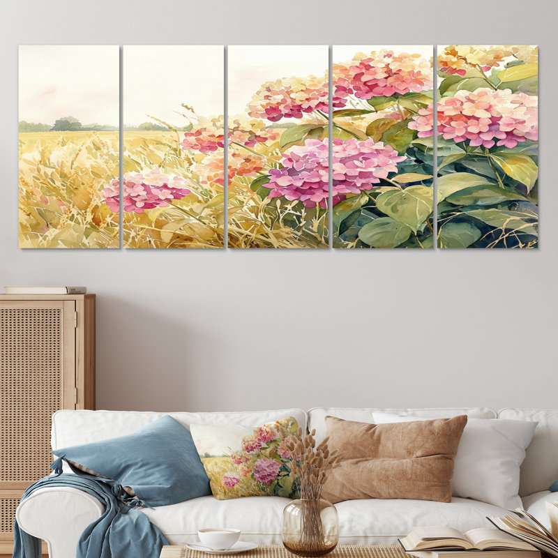Paysage d'hortensias dans le champ de maïs - hydrangées - Art mural traditionnel, H 32 po x l 80 po, 5