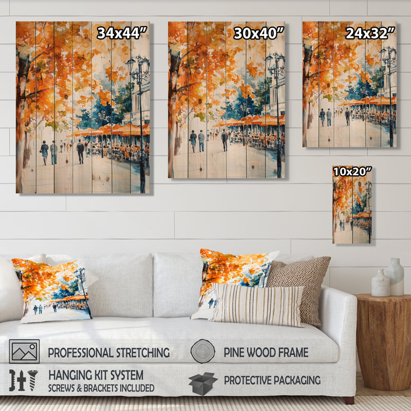 Automne à Paris, café I - art mural traditionnel en bois sur bois de pin naturel, H 44 po x l 34 po