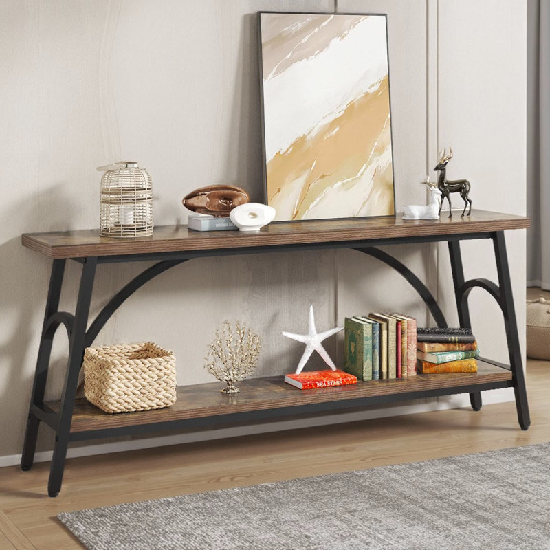 Console en bois 70,8 à 2 niveaux avec structure en acier, Brun rustique