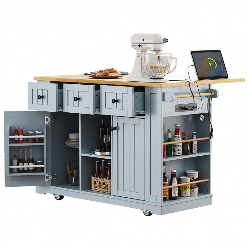 53inch Large Kitchen Island with Drop Leaf,Power Outlet,Door Internal Storage Rack,Rolling Kitchen Cart on 5 Wheels with 5 Open Side Racks for Kitchen,Grey Blue