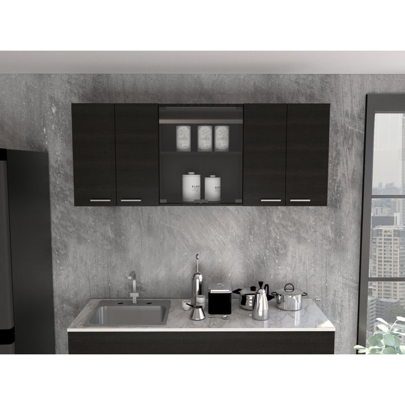 Armoire de cuisine murale Verona avec support à vaisselle et tablettes - Wengé, Noir