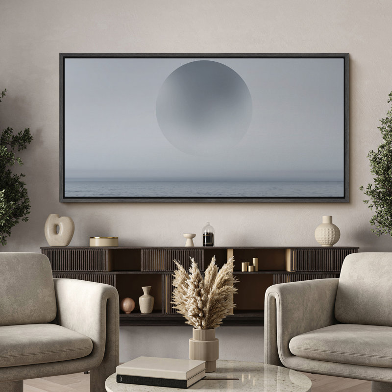«Minimal Ocean Horizon with Sphere», toile encadrée - Paysage marin dans des tons gris, Noir, H 30 po x l 60 po