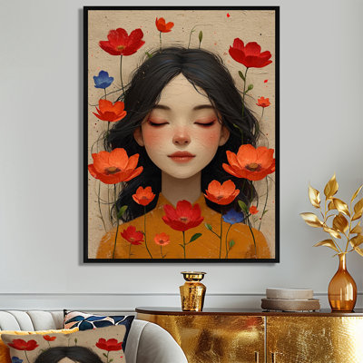 Jolie fille avec coquelicots rouges - impression d'art mural femme