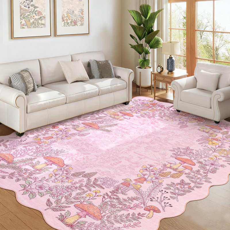 Mushroom Scalloped Floral Washable Non-Slip Area Rug Low Pile Soft Thin Botanical Carpet for Living Room Bedroom Dining Room Playroom