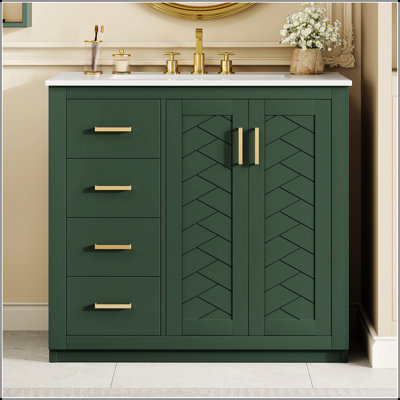 Meuble-lavabo 36 po avec lavabo en céramique, structure en bois massif, 3 tiroirs et portes à fermeture douce pour salles de bain modernes et rétro