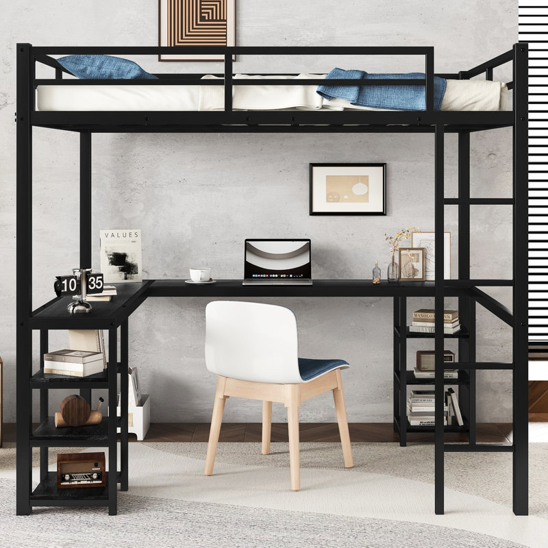 Lit mezzanine en métal avec bureau et tablettes - Ajoutez du style à la chambre à coucher, Noir, Lit double