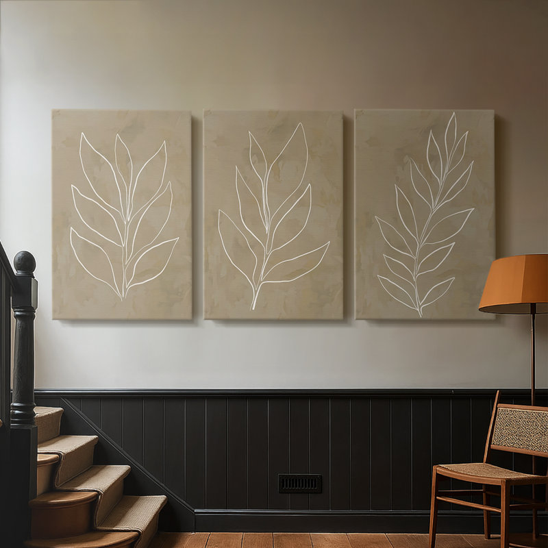 Leaf Line Art I  -Custom Wrapped Gallery Canvas - 3 Pieces, 12" H x 24" W