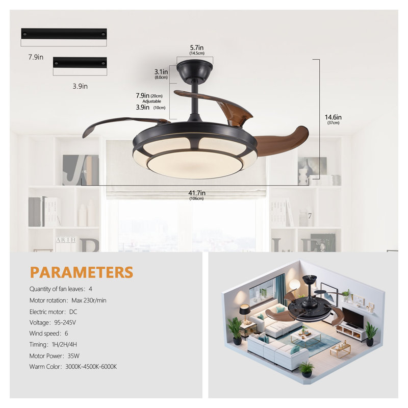 Ventilateur de plafond 42 "rétractable avec lumière - Ventilateur de lustre moderne à DEL, télécommande à 6 vitesses et éclairage à intensité variable pour le salon