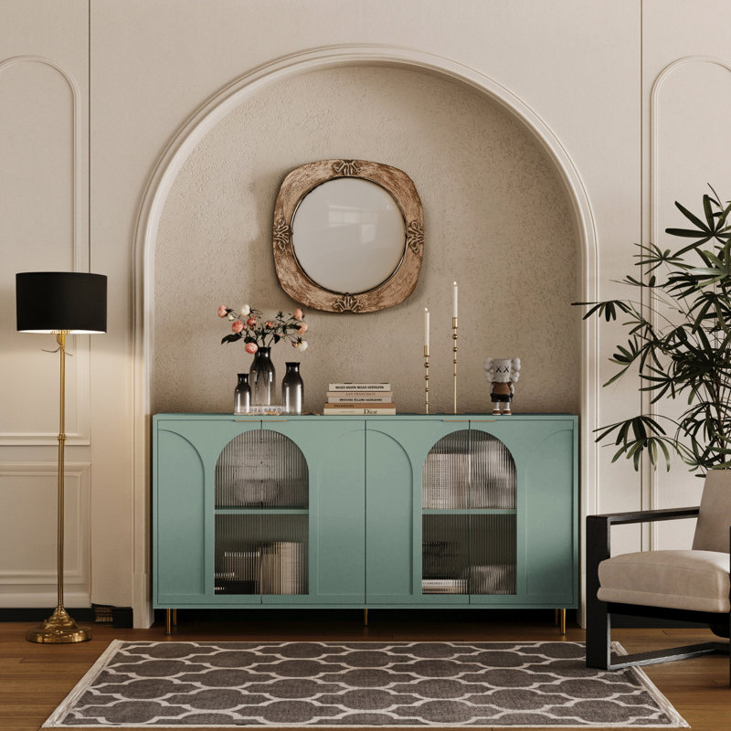 Trin Modern Lacquer Accent Cabinet with 4 Glass Doors – Adjustable Shelves Buffet Sideboard for Living Room, Dining Room, Entryway