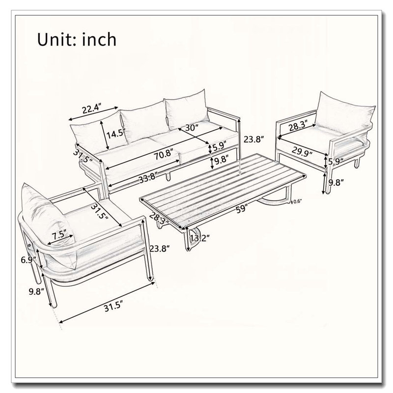 5-Piece Outdoor Steel Sofa Set with Acacia Wood Coffee Table