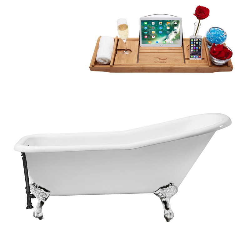 Baignoire de trempage sur pattes 66 "avec drain, pattes et plateau en bambou 66" Streamline, Chrome poli, Noir mat