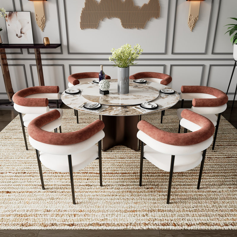 Ensemble de table de salle à manger 7 pièces avec 6 chaises, table ronde moderne en pierre frittée de 51 po avec plateau tournant