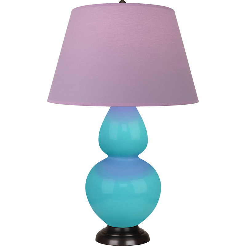 Lampe de table double gourde en céramique, Bleu œuf émaillé / bronze, Lavande / prune, Bronze
