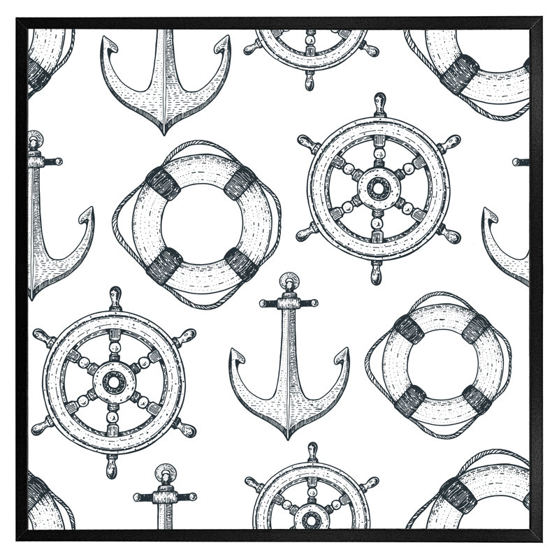 Ambrette Anchor & Wheel - Single Picture Frame Print, 41cm H x 41cm W x 4cm D, Black Framed
