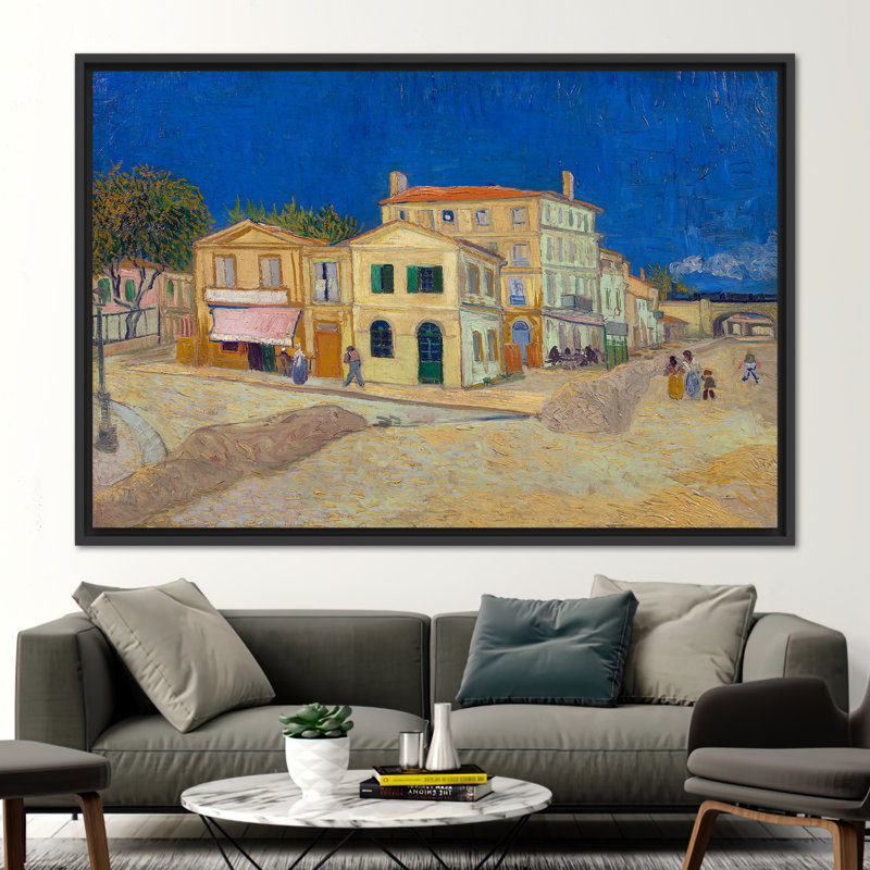 «Van Gogh House Reproduction - Street Landscape», reproduction de peinture à l'huile sur toile, Cadre flottant noir