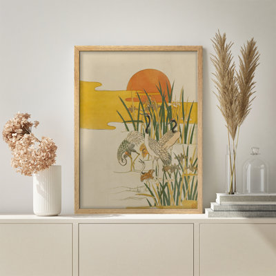 Framed Japanese Crane and Sunset Wall Art, Traditional Asian Style Nature Print for Zen Room or Hallway Decor