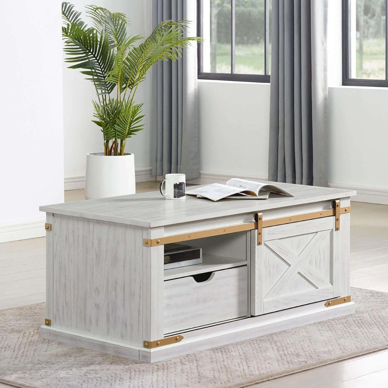 Table basse de salon de style rustique blanc antique 1 pièce avec tablettes ouvertes