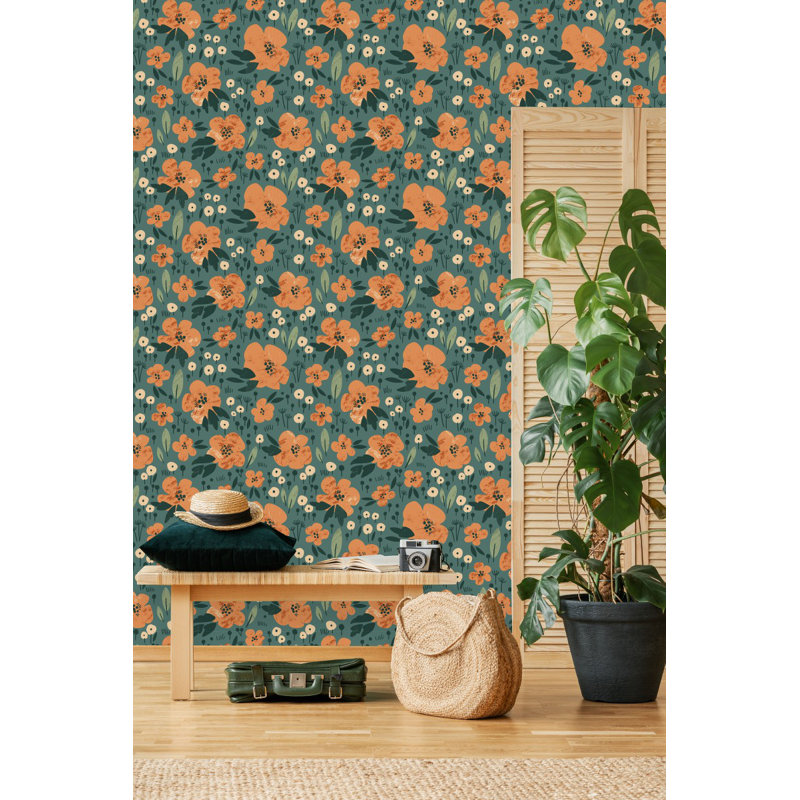 Orange Flowers Wallpaper Floral Tile