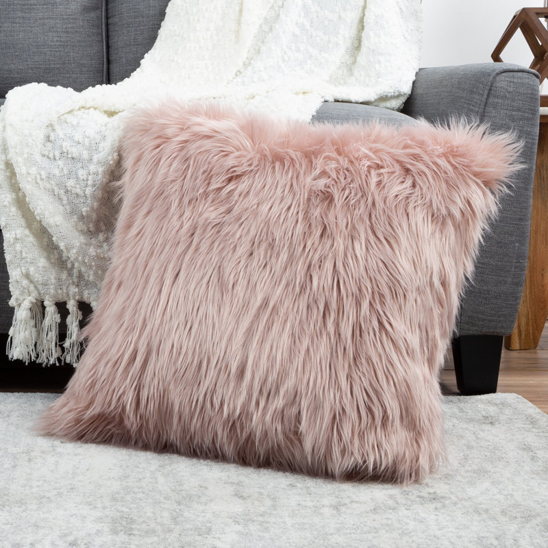 Faux Fur Reversible Throw Pillow, 22" H x 22" W x 7" D, Pink