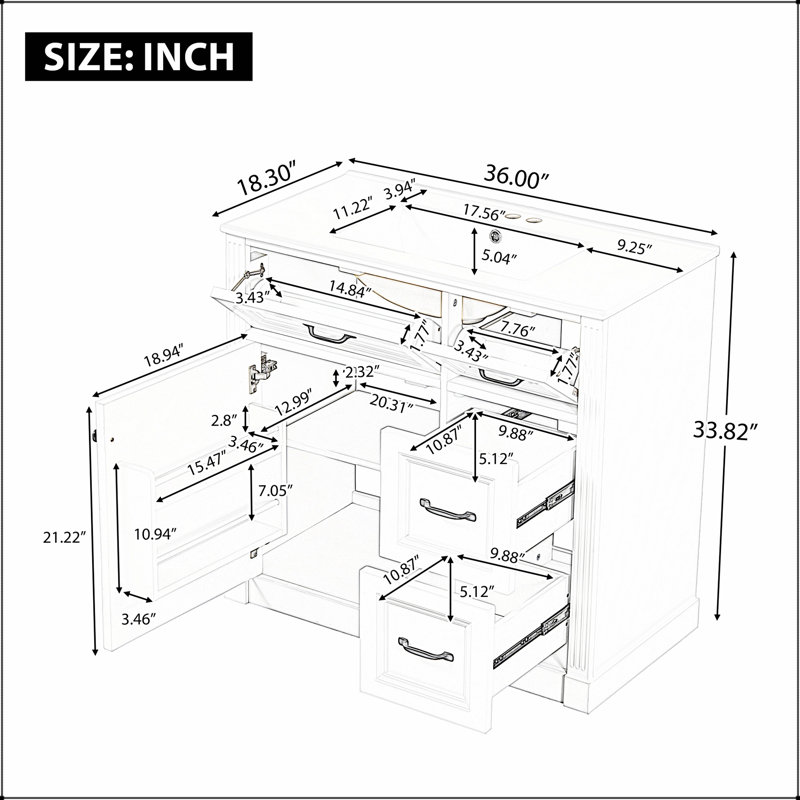 36 Inch Bathroom Vanity With Sink, Cabinet, 4 Drawers, Soft-Close Door, Adjustable Shelf, And Ceramic Basin For Modern Storage