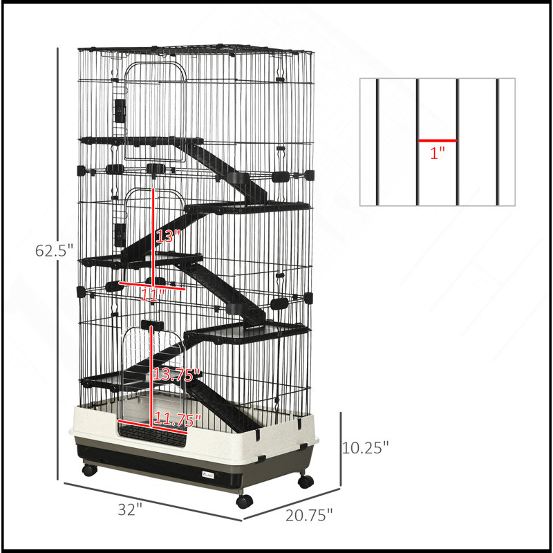 Cage pour petits animaux 60 po avec roulettes, cage à 6 niveaux portable, cage de furet Chinchilla avec plateau amovible, plateformes et rampes, noir