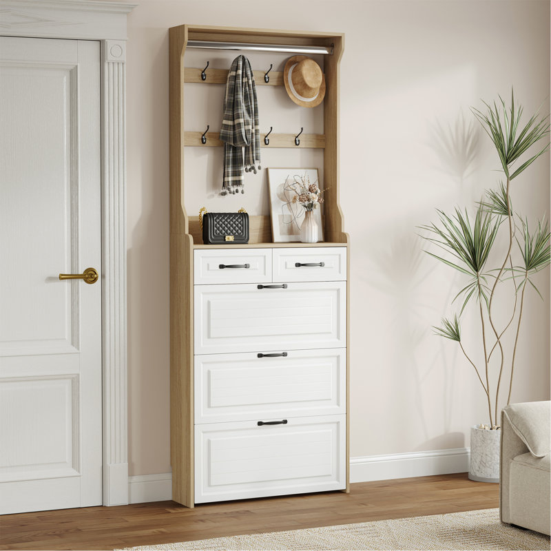 Nouvelle armoire à chaussures couleur chêne avec 3 portes et 2 tiroirs avec support, Blanc/chêne