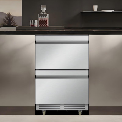 24-Inch Drawer Beverage Refrigerator, 240-Can Capacity, Stainless Steel Built-In or Freestanding Beer Cooler, Hidden Door Handle, 2 Grid Organizers, Swivel Casters