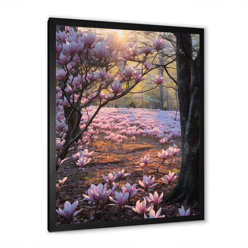 Magnolias roses, photo sur toile, Cadre simple noir, H 32 po x l 16 po x P 1 po