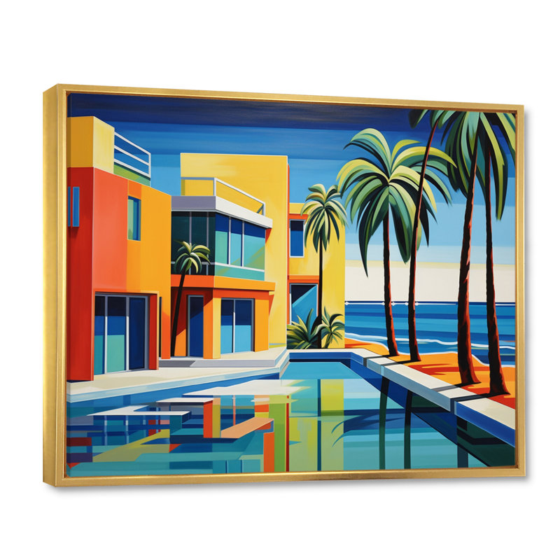 Pop Palm Beach en couleur III sur toile, H 34 po x l 44 po x P 1,5 po, Cadre flottant doré