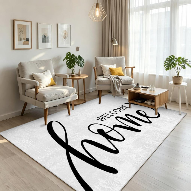 Tapis d'intérieur noir à motif de pinceau dessiné et brossé Welcome Home, Rectangle 71" x 98"