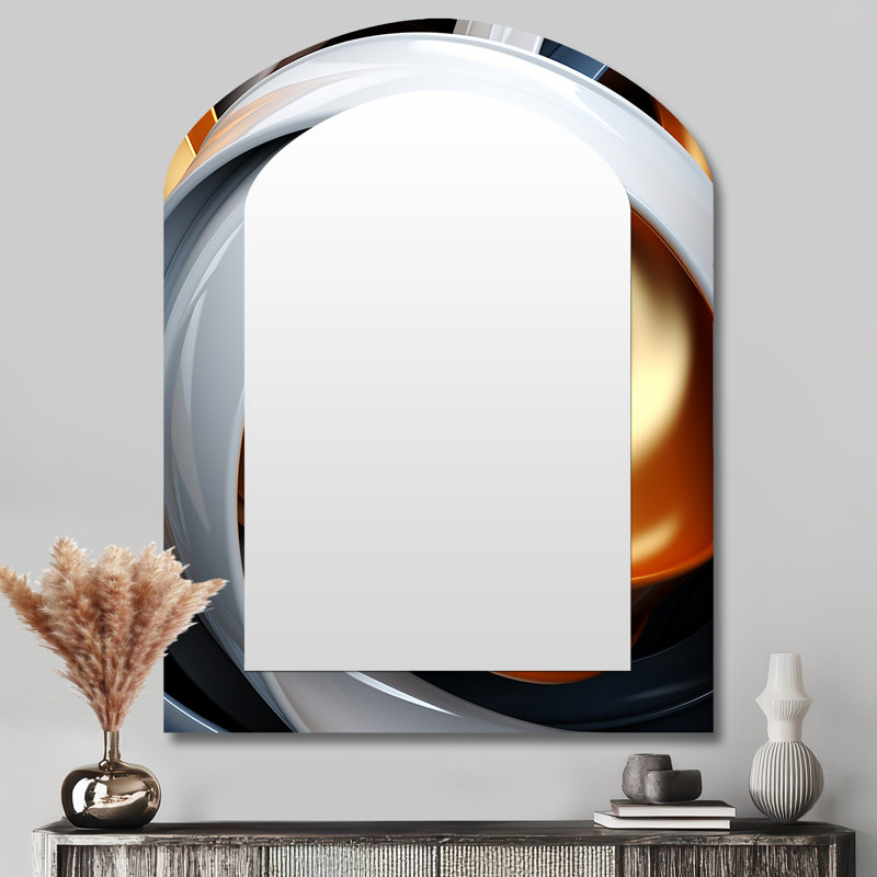 Liquide blanc et orange abstrait minimaliste tourbillon - miroir asymétrique spirales abstraites, miroir mural décoratif en arche dorée, impression d'art en métal
