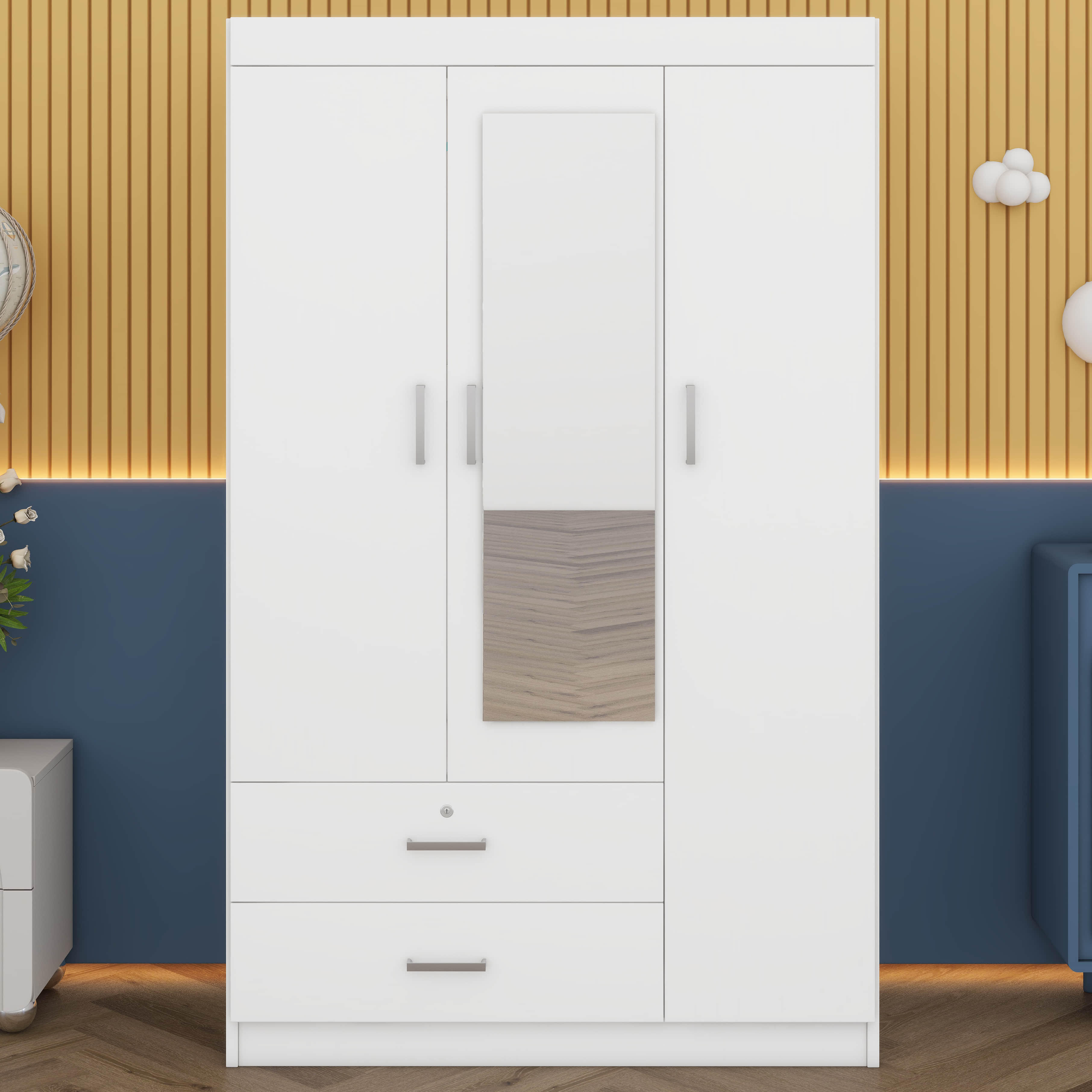 Latitude Run® 3 Doors Wardrobe Closet With Locking Drawers And Shelves ...