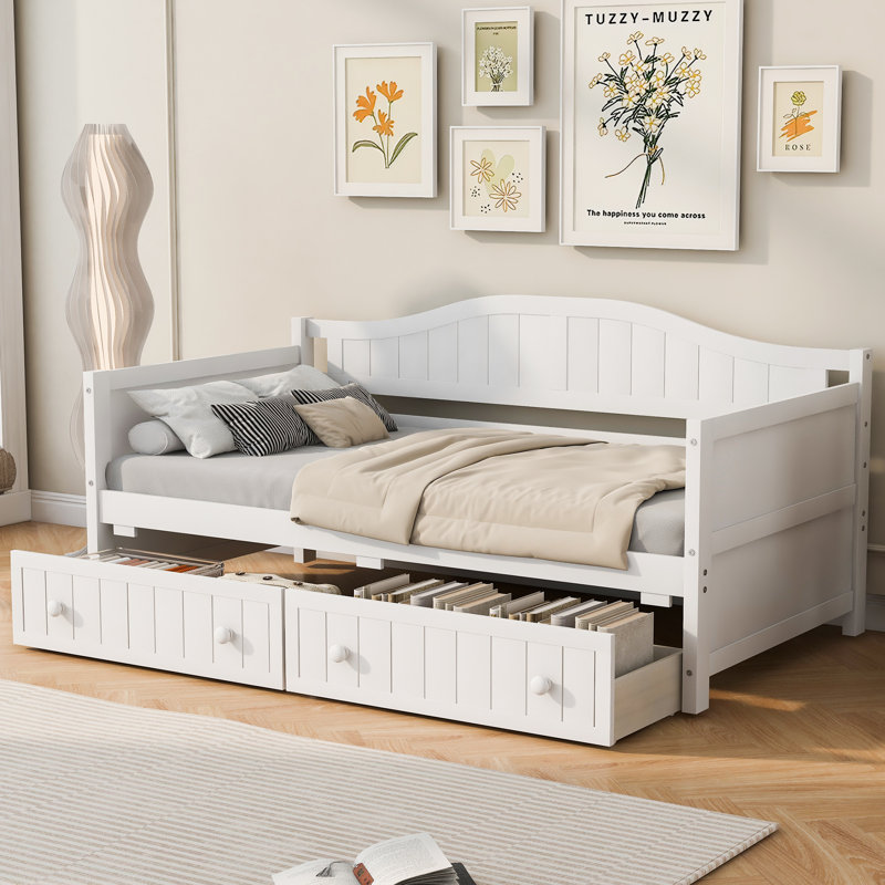 Twin Wooden Daybed With 2 Drawers, Sofa Bed For Bedroom Living Room,No Box Spring Needed,White