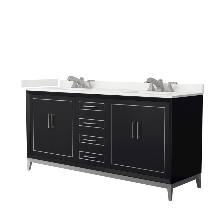 Meuble-lavabo double Marlena, Nickel brossé, Noir, Quartz Giotto
