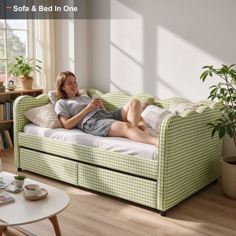 Gingham Upholstered Daybed with Storage Drawers and USB Port - Full Pink, Vert