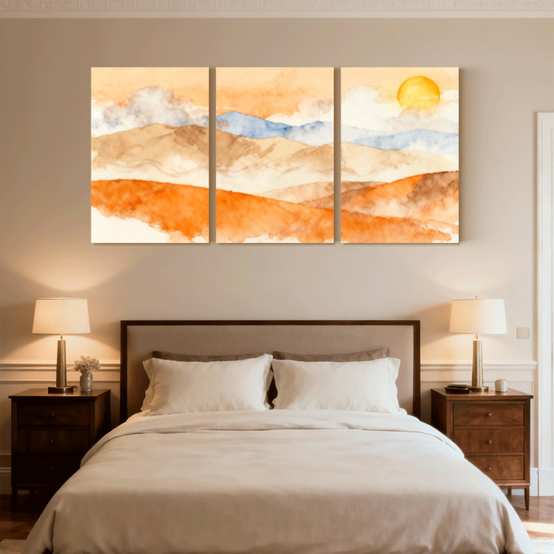 Abstrait, paysage désertique, coucher de soleil, ciel, montagnes, nuages, lumière du soleil, ensemble de 3 impressions sur toile