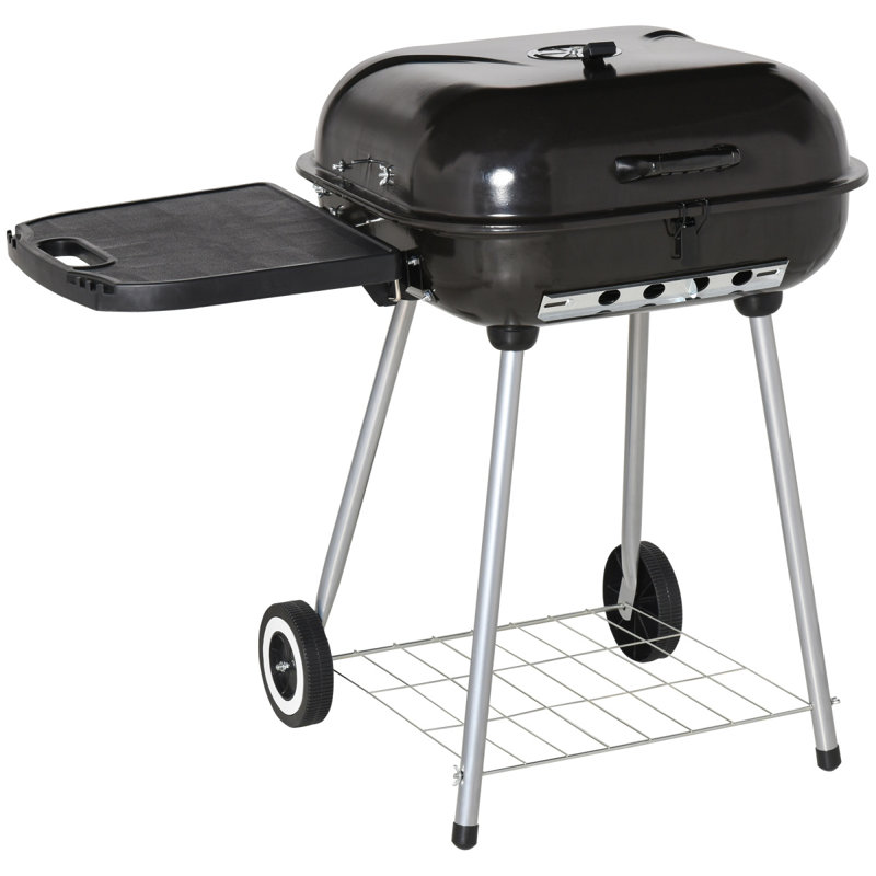Outsunny 21" Portable Charcoal Grill With Wheels And Bottom Shelf, BBQ Smoker With Adjustable Vents On Lid  Picnic Camping Backyard Cooking, Black