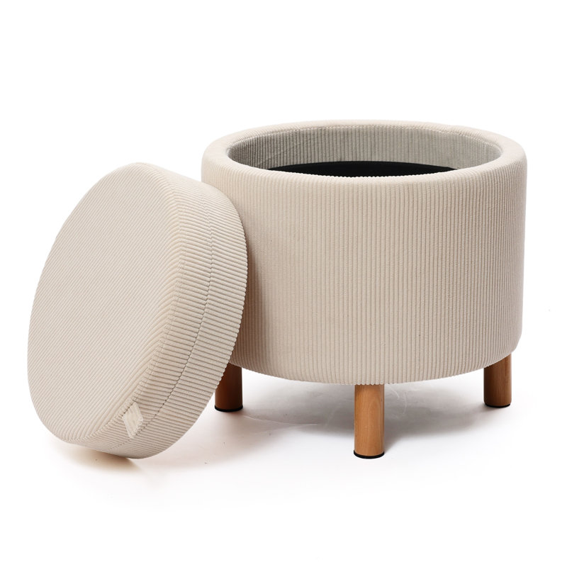 Pouf de rangement rond de 42 cm de haut avec couvercle amovible et pieds en bois massif