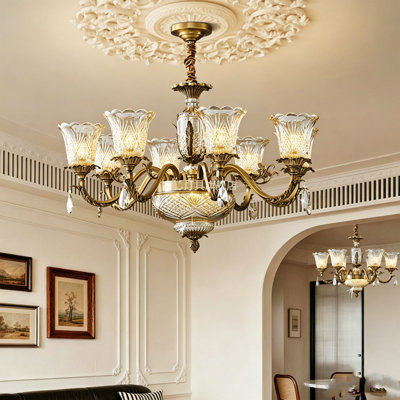 34.65" European Vintage Solid Brass Carved Chandelier with Etched Glass Shades & Crystal Accents – Grand French-Style Pendant for Villa Living Room