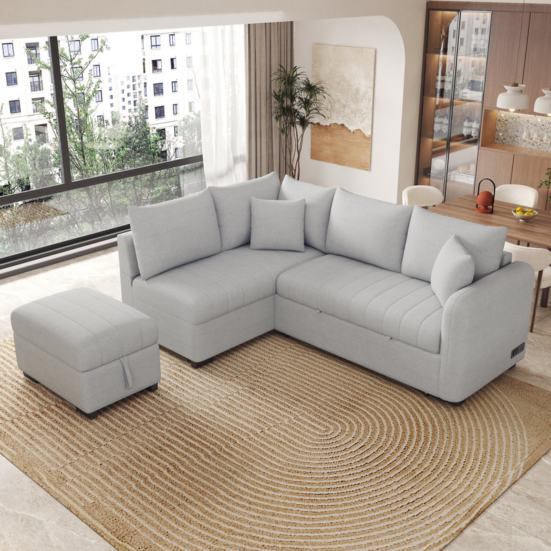 Canapé-lit modulaire en forme de L de 82,6 po avec deux ports USB, Polyester gris