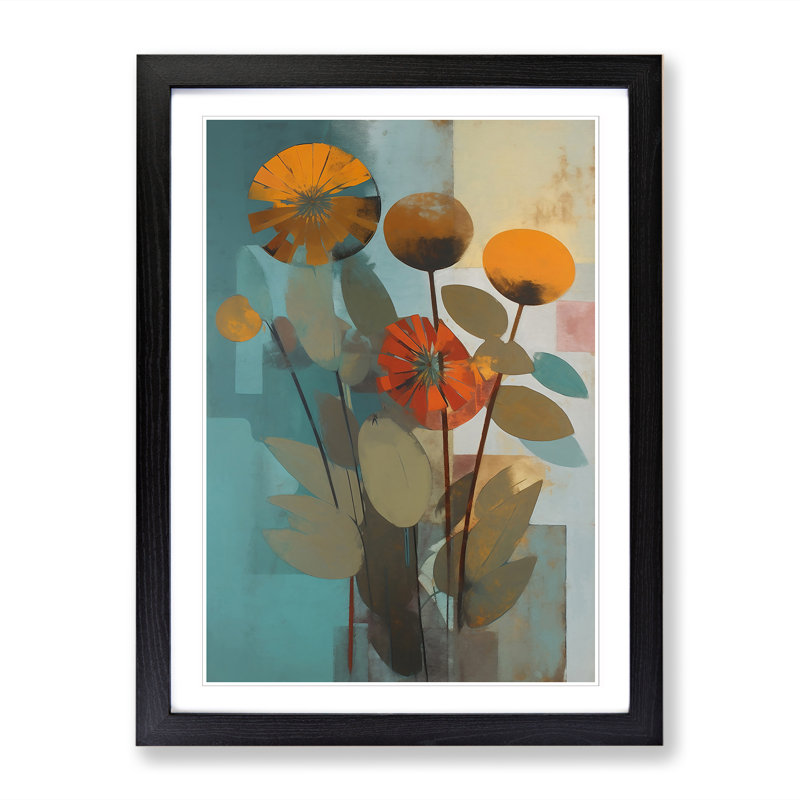 Mid Century Flowers Vol.8 - Single Picture Frame Print, Black, 64cm H x 46cm W x 2cm D