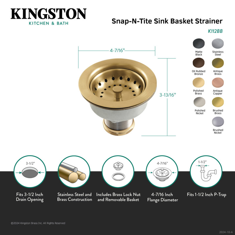 Kingston Brass Tacoma 3-1/2 Inch Kitchen Sink Basket Strainer Only, Matte Black