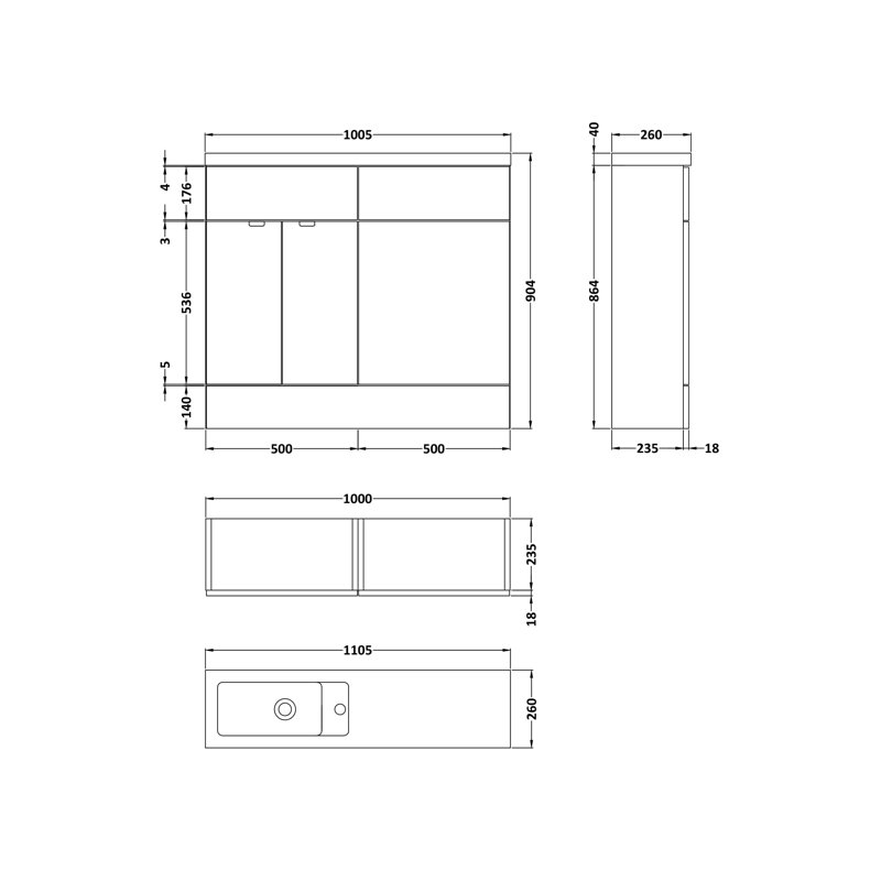 Fusion 1005mm Single Bathroom Vanity with Integrated Polymarble Basin, Anthracite Woodgrain