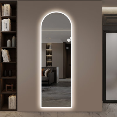 65X21 LED Full Length Wall Mirror With Symmetrical Arch Design, Frosted Glass Border, Dimmable 3 Color Lighting, And Copper-Free Silver Glass | Gift Idea